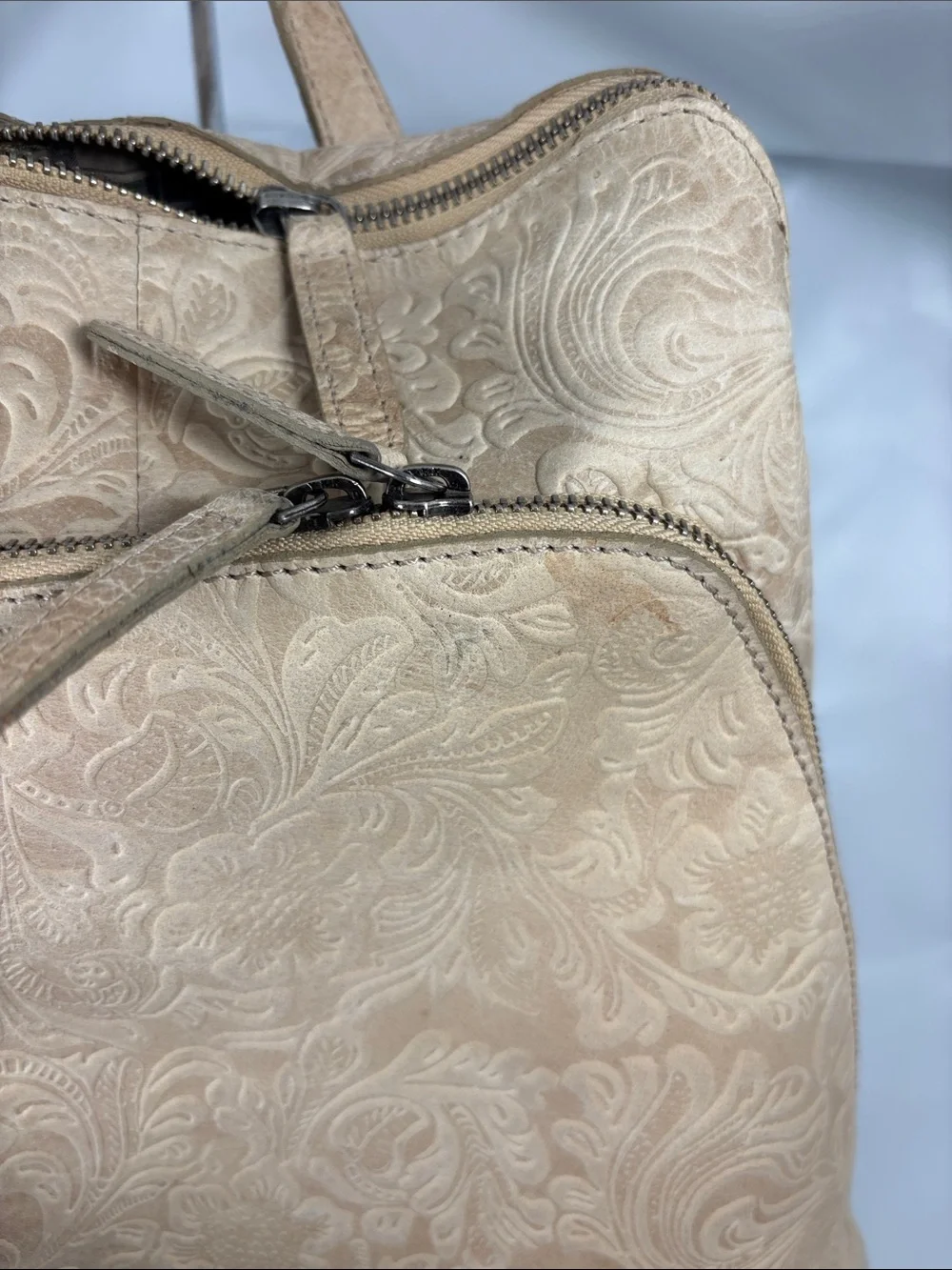 Wild West Beige Floral Embossed Leather Backpack